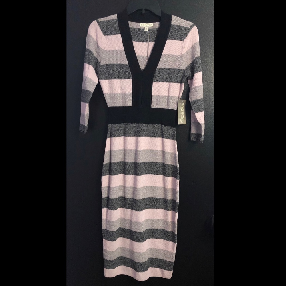 NY&Co 🔥 Striped V-Neck Midi Dress - Pink & Gray
